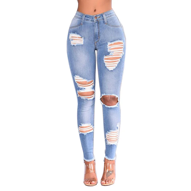

Stock Skinny High Waist Ripped Boyfriend Brazilian Denim Jeans Women, Blue