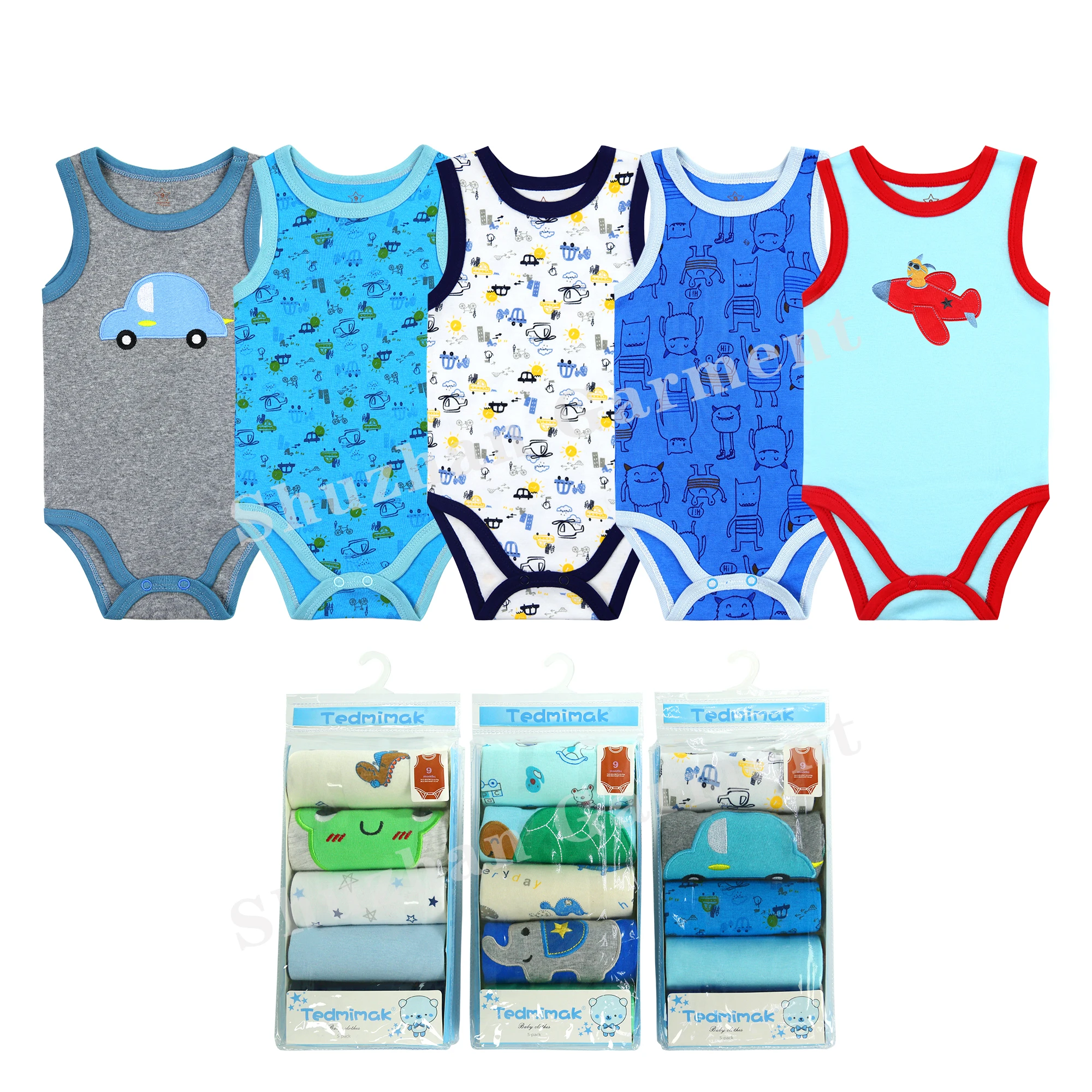 

Infants clothing knitted cotton baby clothes 5 pack sleeveless summer baby romper pajamas bodysuits, Mixed colors in same size per bag