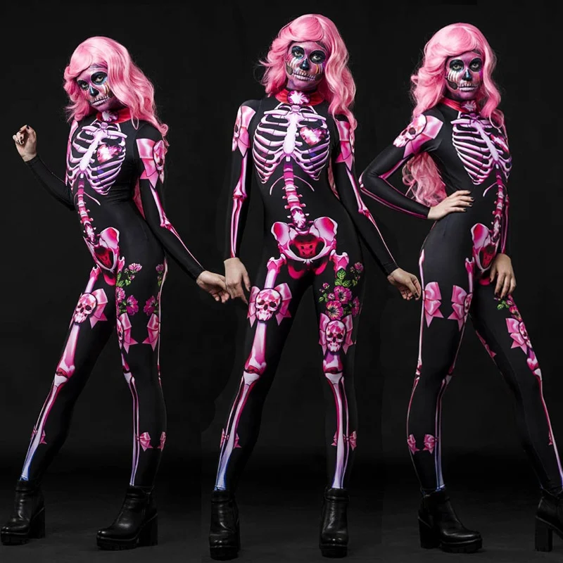 

Scary Skeleton Halloween Onsie Onesie Seethrough Jumpsuit Pajama Women Longsleeve Bodysuit