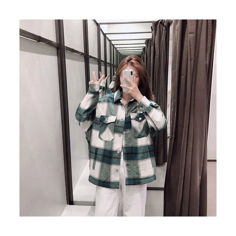 

2021 Fashion Pockets Plaid Jacket Coat Women Fashion Lapel Collar Long Sleeve Loose Outerwear Chic Tops