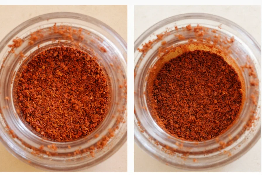 Close-up comparison of authentic red pepper flakes in glass jar versus paper packaging misconception