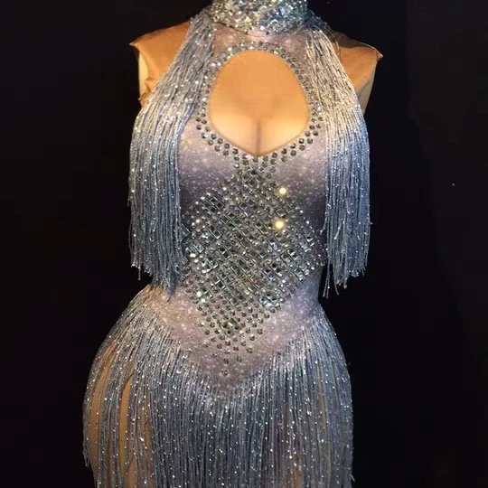 

Sparkly Silver Rhinestones See Through Bodysuit celebrating tassels fringes crystals fancy evening club party dress women gowns