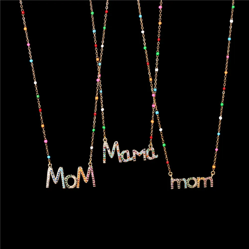 

Oil Drop Colorful Diamond Necklace Stainless Steel Zircon Jewelry Mama Mom Letter Necklace Clavicle Chain Mother's Day Gifts, Shiny gold or customized