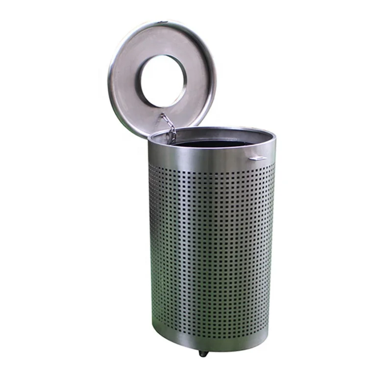 

Round shape garbage container for outdoor stainless steel waste bin with lid perforated stain steel trash bins