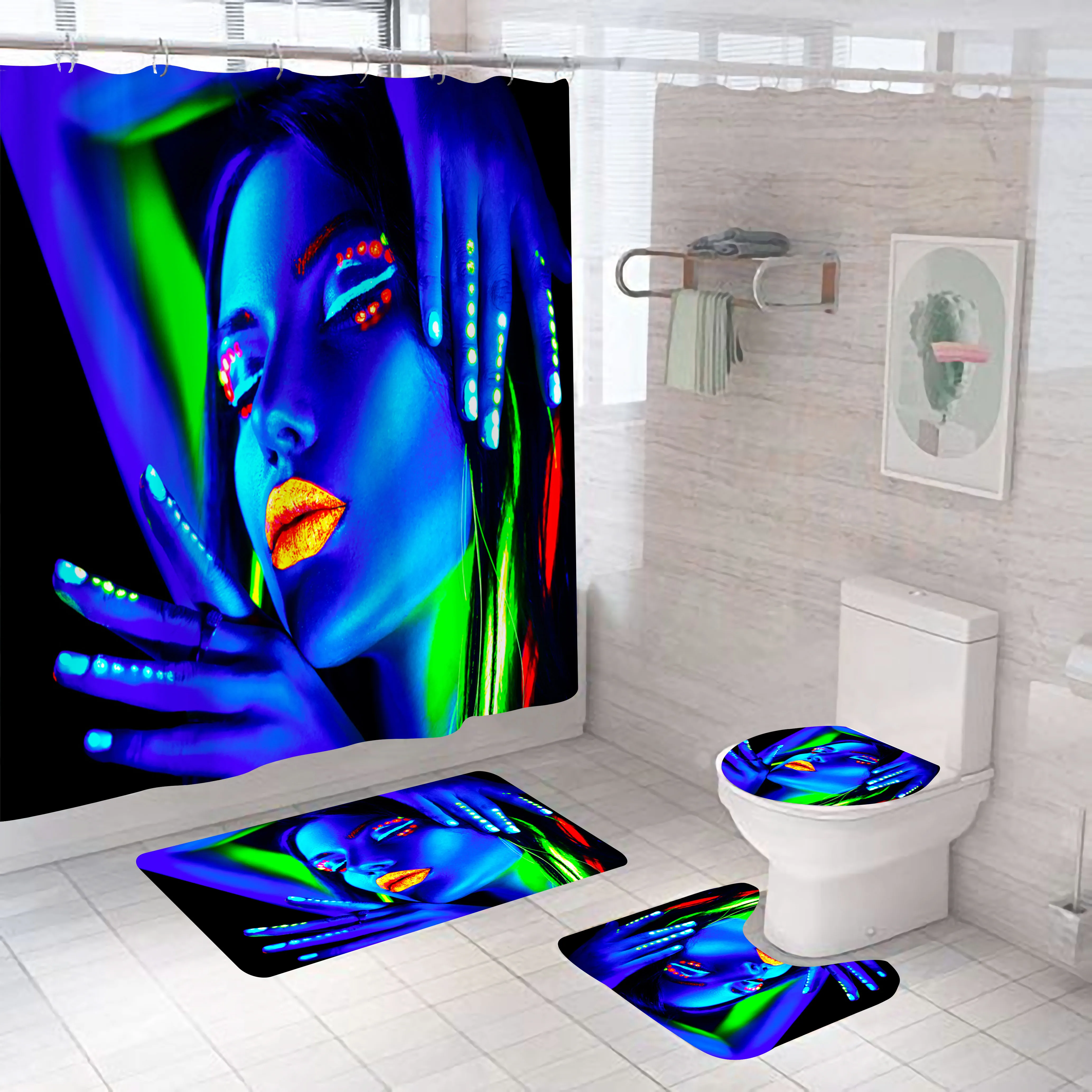 

African Women Printing 4 Pieces Bathroom Shower Curtain With Rugs Sets Bath Mats