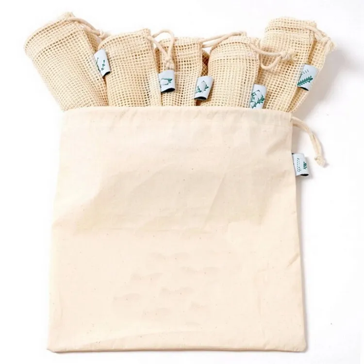 
Shopping fruits and vegetables organic cotton net mesh produce bags set 