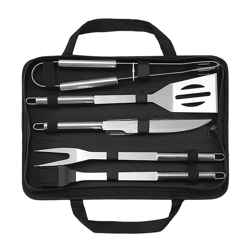 

Amazon Hot Sale Stainless Steel Bbq Tools 5pcs Outdoor Barbecue Grill Utensils Set With Oxford Fabric Case Package, Silver