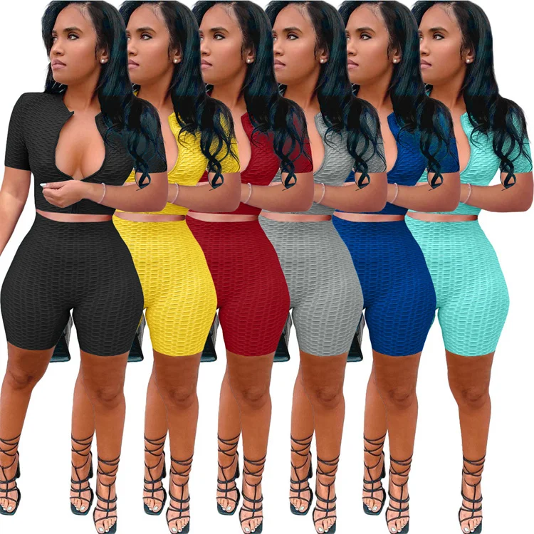 

Free Sample Summer Solid Skinny Two Piece Yoga Short Set Sport Suit Zipper Crop Top Yoga Set Fitness Womens Activewear