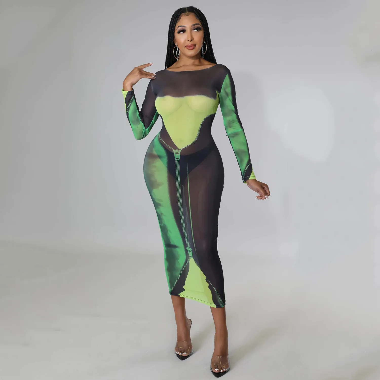 Custom High Quality Fashionable Causal Bodycon Midi Long Sleeve Women Mesh Dress