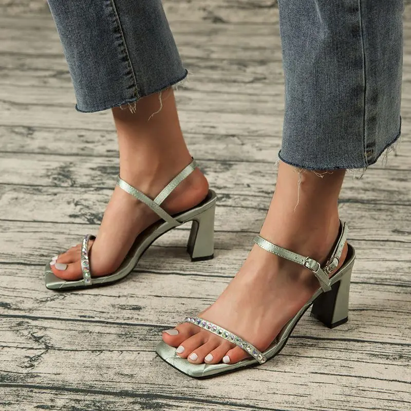 

2021Hot sale new arrivals sandal europe american fashion rhinestone square head women comfortable high heels, Green, black, brown or customized