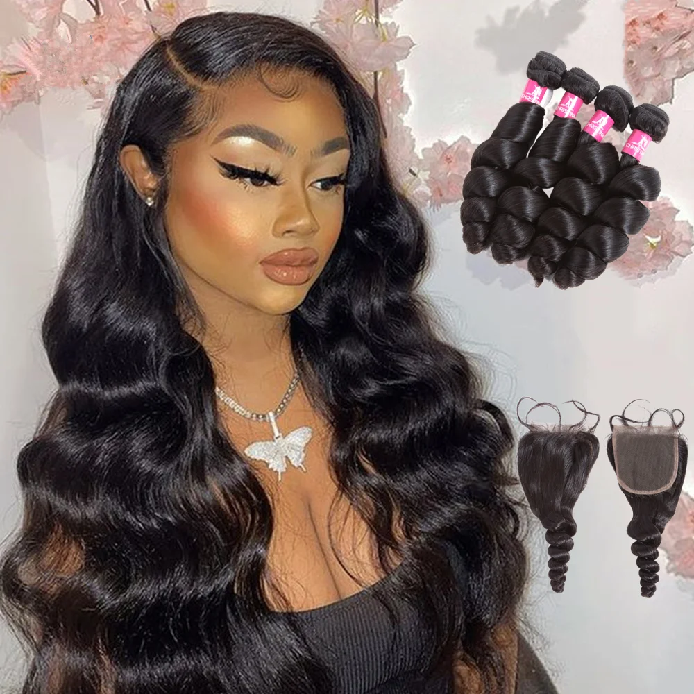 

Free Sample Wholesale Price Real Unprocessed Raw Virgin Brazilian Hair Loose Wave Bundles with Frontal Closure in China