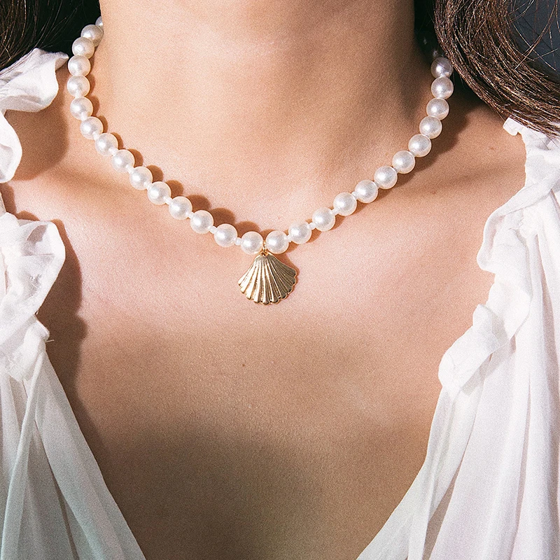 

Fashion Summer Beach Jewelry Shell Pendant Necklace Women Elegant Pearl Chokers Necklace (SK638), As picture