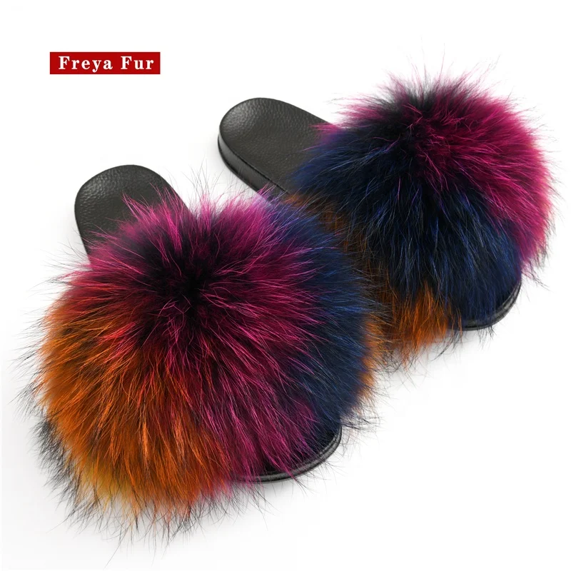 

New Arrivals Fur Sandals Fluffy Furry Rainbow Big Raccoon Fur Slides