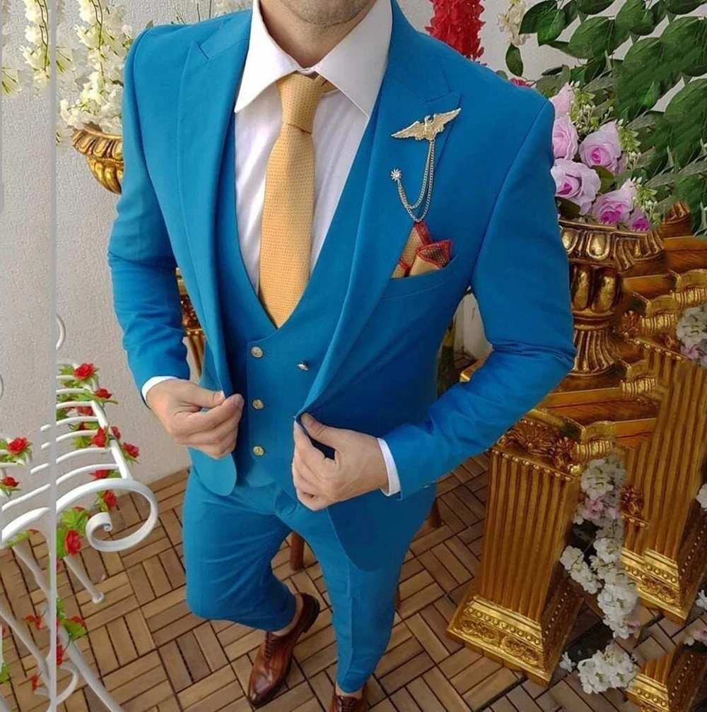 

Costume Homme Blue Men Suits Peaked Lapel 2021 Business Wedding Tuxedos Terno Masculino Slim Fit Groom Prom Party Blazer 3 Piece, Same as picture/custom made