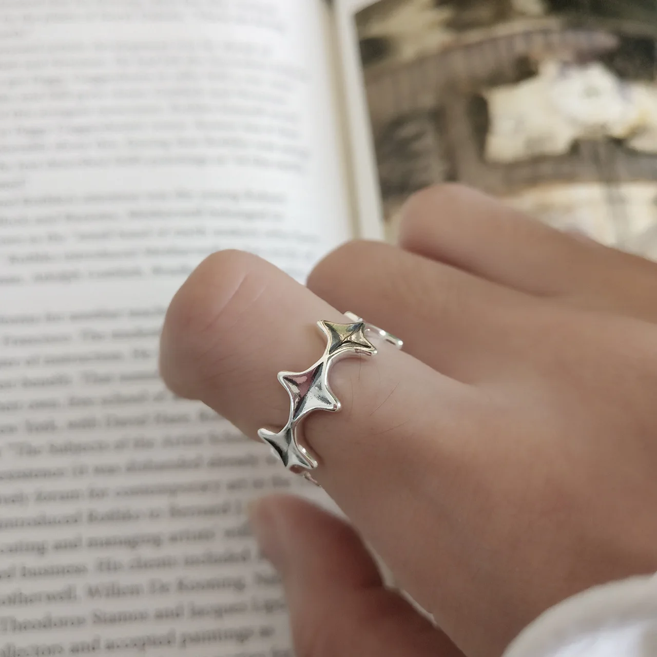 

Cute S925 Sterling Silver Stars Link Rings Genuine 925 Silver North Six Point Star Chain Ring For Girls