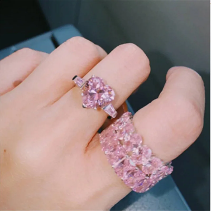 

Barlaycs 2021 New Arrival Fashion Engagement Rings Jewelry Women Gold Plated Diamond Pink Rhinestone Heart Crystal Ring Set