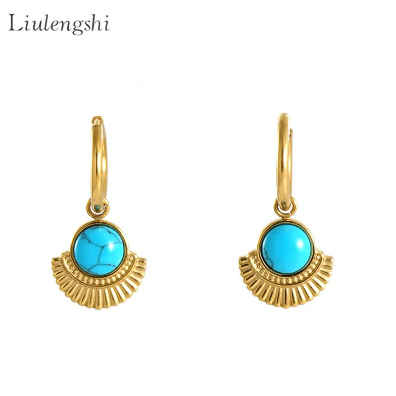 

Hot Sale 14K Gold Plating Circle Natural Stone Pendant Earrings Never Fade Stainless Steel Round Turquoise Earrings