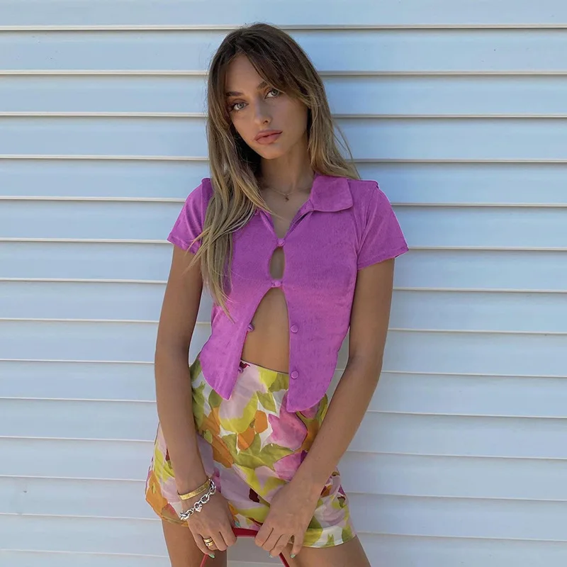 

Summer Fashion Short Sleeve Lapel Top Button Cardigan Short T-shirt Women