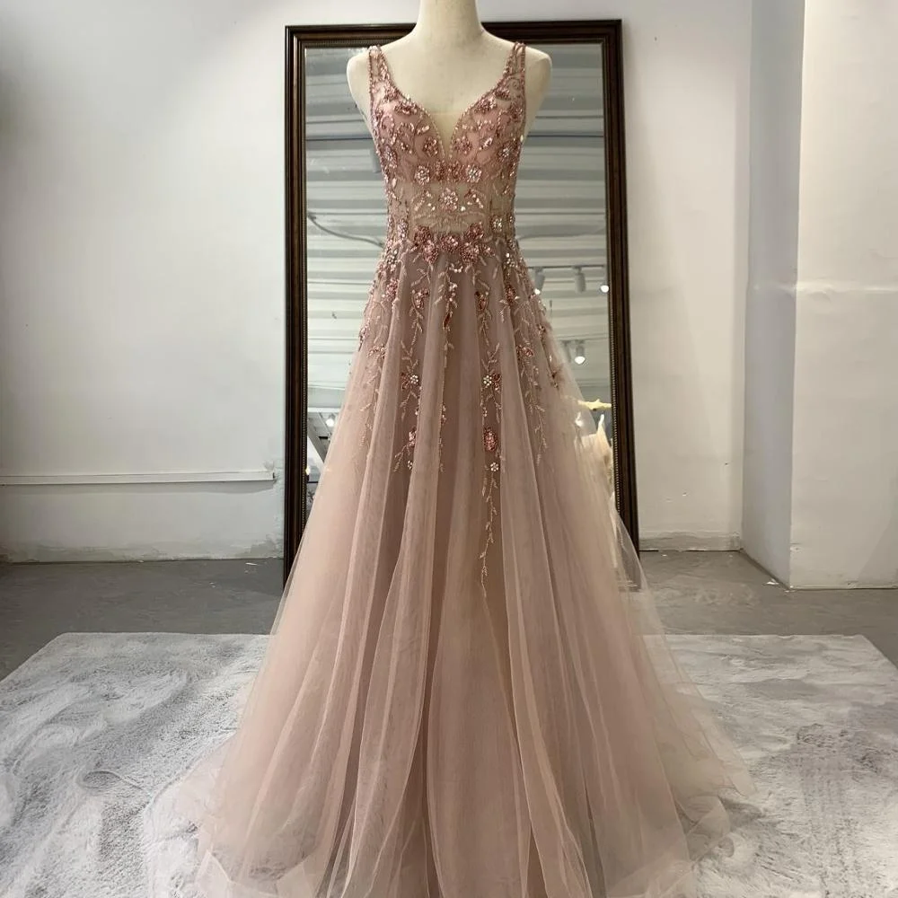 

2020 Sweet Dusky Pink Crystal Prom Dresses Long Gown Sexy Tulle Modern Evening Dress Gown