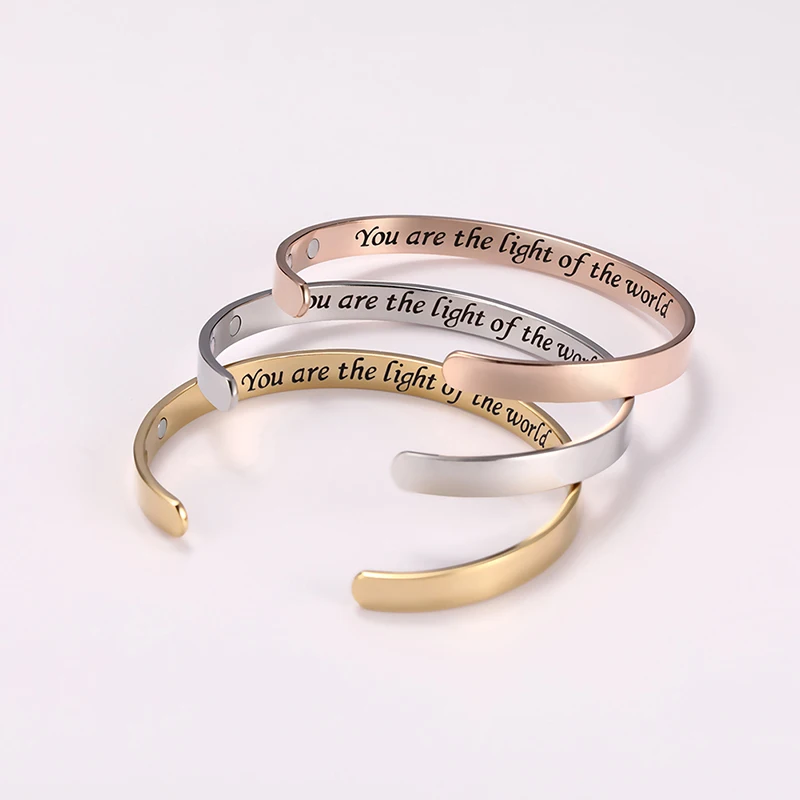 

Inspiration Message Quotes Stainless Steel Silver Gold Rose Gold Magnetic Customized Engraved Open Cuff Women Bangle Bracelet, Steel color,gold,rose gold