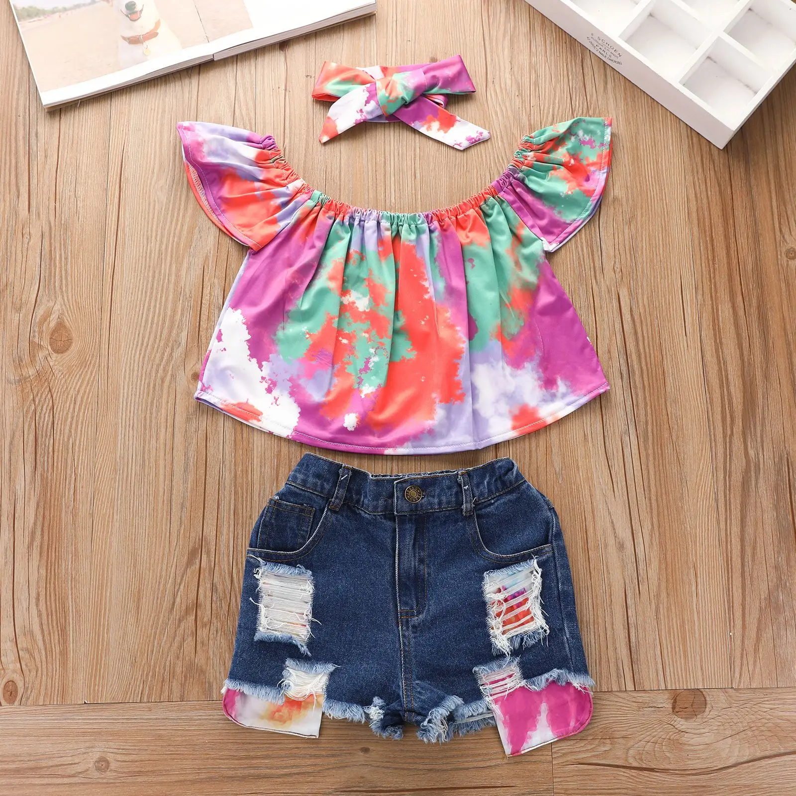 

RTS girls summer clothes set baby girls tie dte tops shorts 2pcs suit off shoulder t-shirt denim shorts with headband outfit, As picture