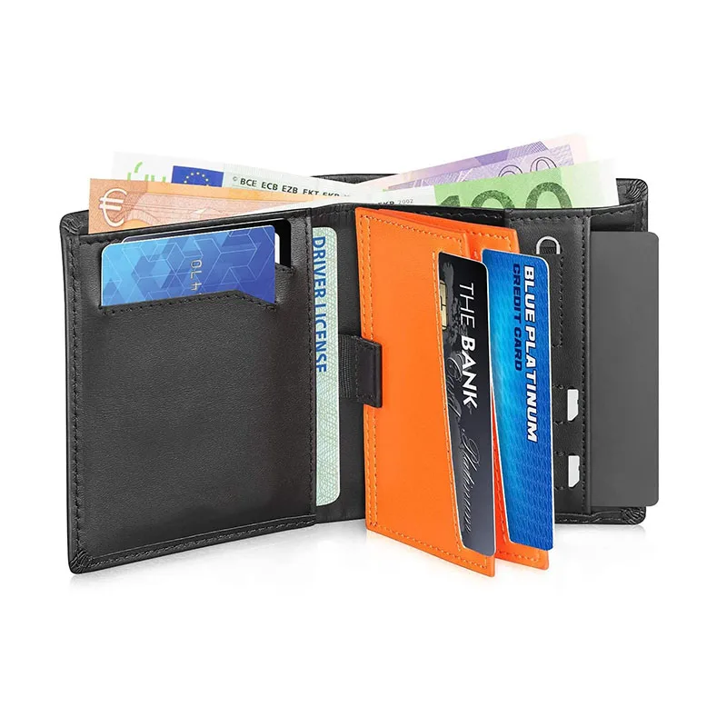 

New Mens Leather Wallet RFID Blocking Slim Wallets for Men Card Holder sublimation luxury Bifold Wallet with Coin Pocket, Black and orange