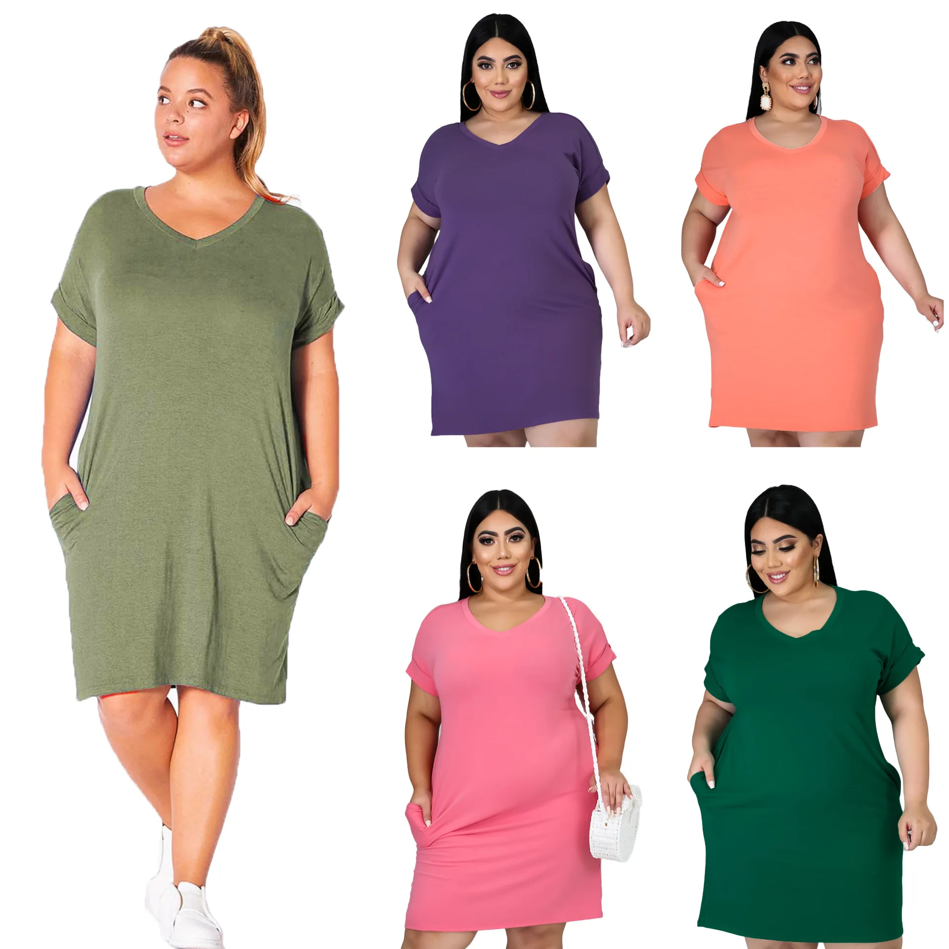 

New solid color dress V-neck large size MIDI dress with short sleeves, Green, purple, army green, rose