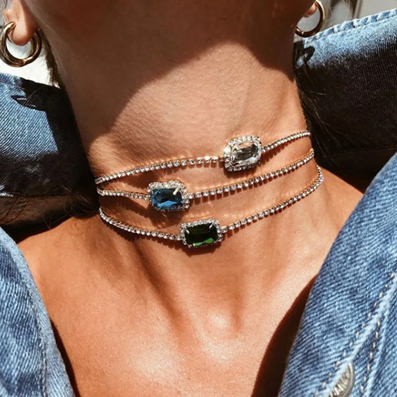 

SHXL2088 Hiphop Bling Tennis Chain Bling Charm Rhinestone Multilayer Choker Necklace Choker for Rapper