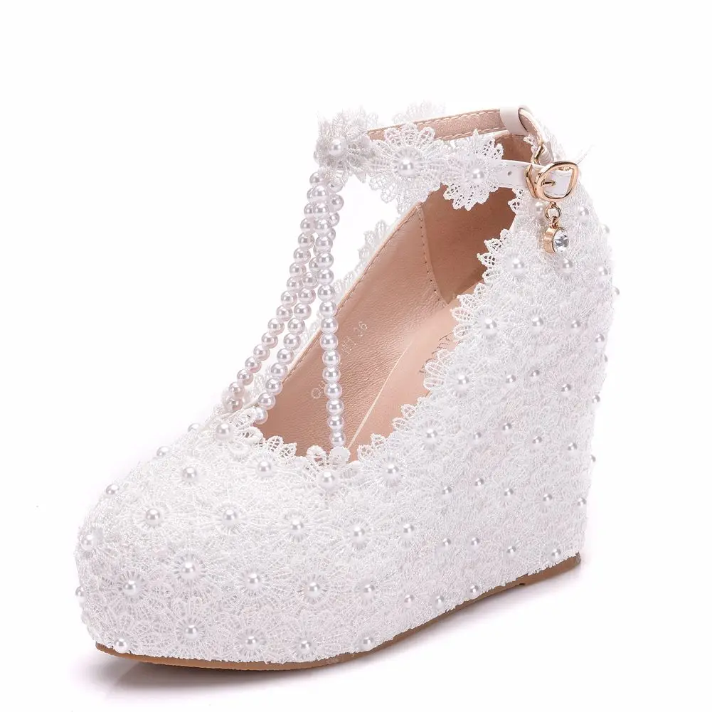 

high heel women pumps wedges heel with platform white lace fashion luxury popular ankle strap