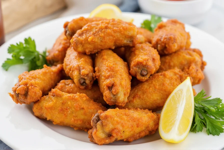 Crispy golden lemon pepper buffalo wings on white plate with lemon wedges and fresh parsley garnish