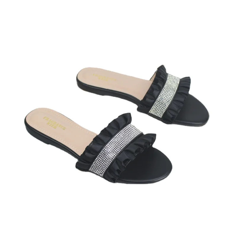 

The existing cargo Flat with a flip-flop new summer2020 fashion simple wave rhinestone tassel women's shoes open toe lazy slippe, Black