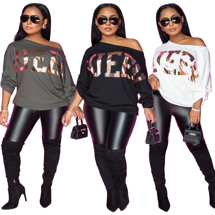 

Women's long sleeve off shoulder oversized t shirt shiny letter print women tops casual T-shirt, Customized color