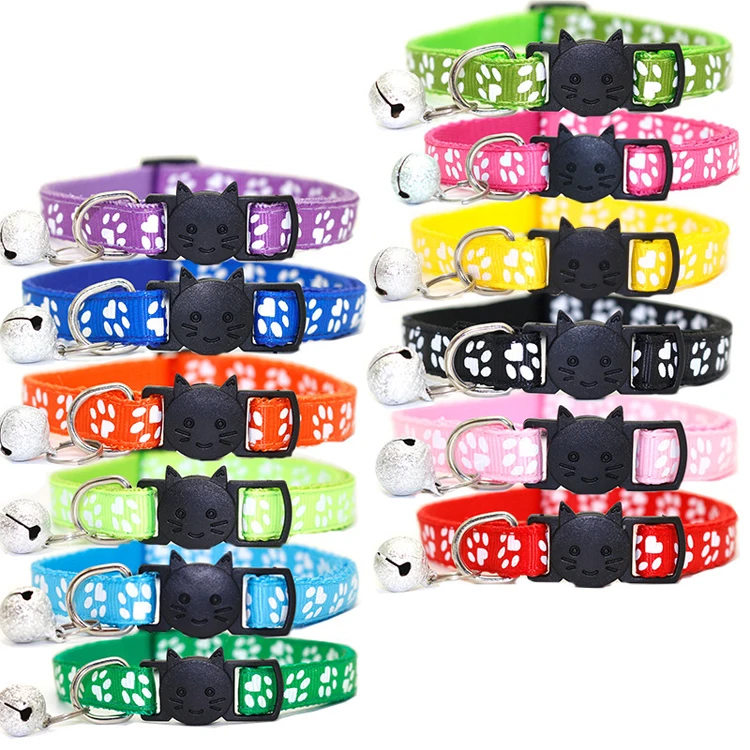 

Wholesale Safety Buckle Cat Footprint Bell Collar Cat and Dog Adjustable Pet Cartoon collar, Black, red, purple, green, sky blue, yellow