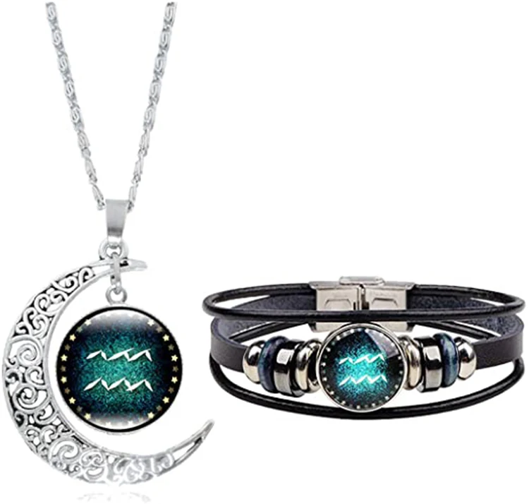 

New Twelve Constellations Jewelry Sets Hand woven Leather Bracelets and Moon Necklaces Jewelry Sets Blue Color Jewelry Sets