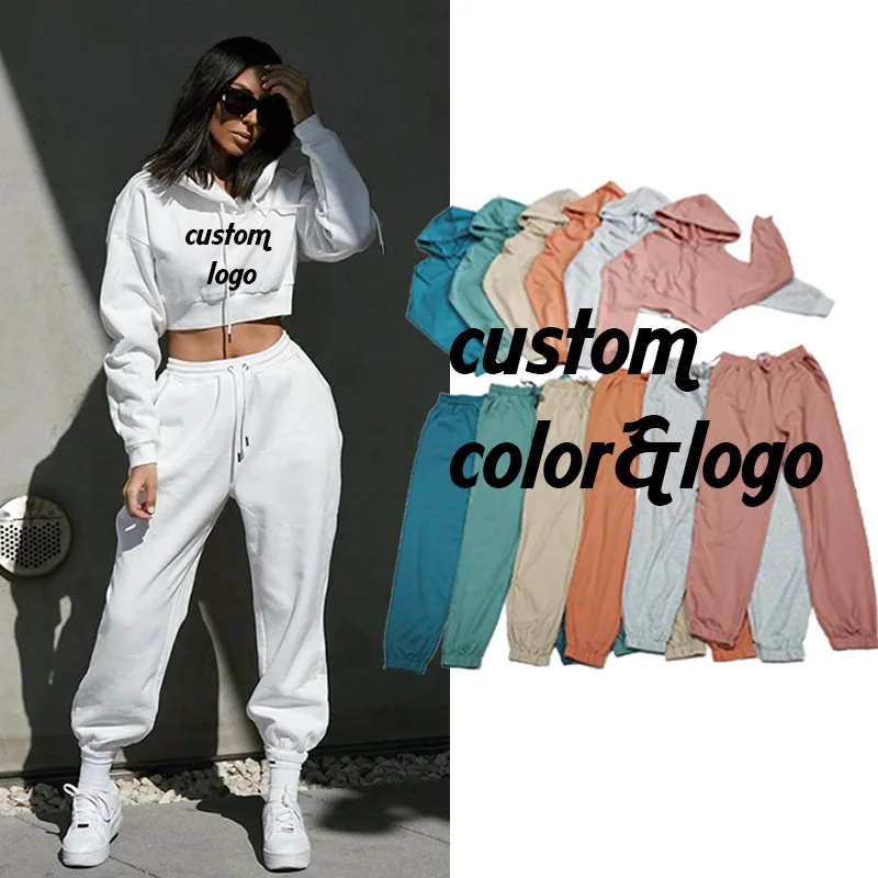 

Women Causal Loungewear Plain Loose 2 Pieces Cotton Crop Top Hoodie Sweatpants Sets Jogger Two piece Set, Customized color