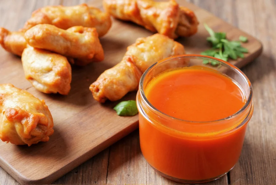 Homemade sweet chili sauce in glass jar next to various dipping foods like spring rolls and chicken wings