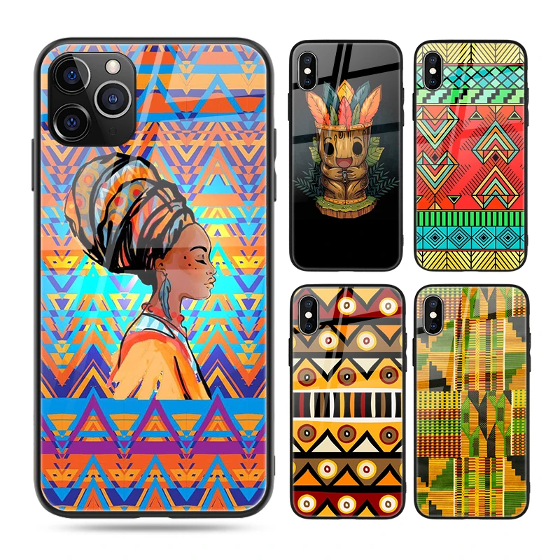 

Custom Print African Totem Designer Tempered Glass Phone Case for iPhone 7 12 11Pro XR XS SE 2020 Case for S10 S20 Coque, Black