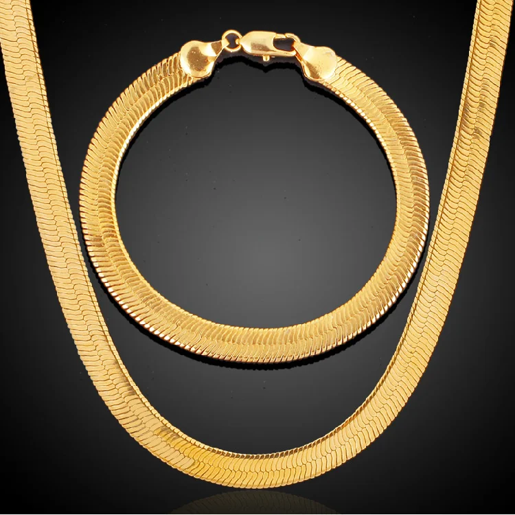 

Wholesale 3mm 4mm 7mm 10mm Yellow Gold Plated Hip Hop Necklace Flat Snake 14K Gold Plated Herringbone Chain Necklace