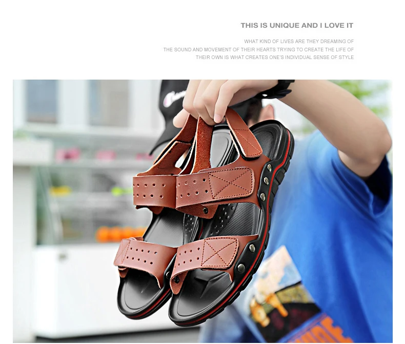 Btimoo Summer Men Shoes Leather Mens Sandals Plus Size 37-45 Men Casual Hook-Loop Shoes Sandals 5005M 