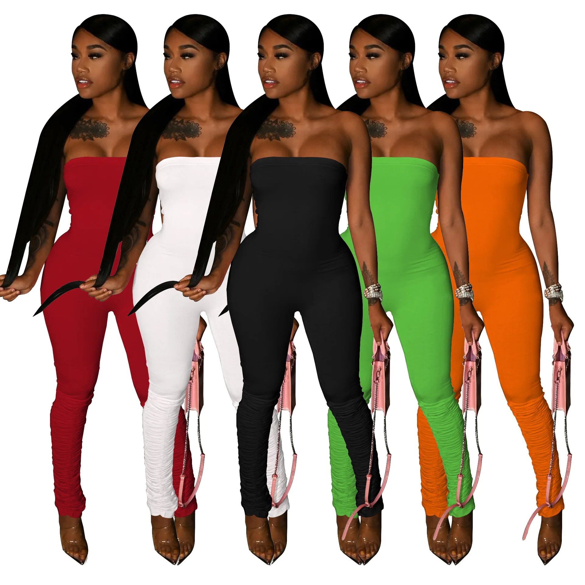 

DUODUOCOLOR Solid color fashion strapless rompers women clothing sexy club jumpsuits women 2021 elegant D10559, White, orange, red, black, fluorescent green
