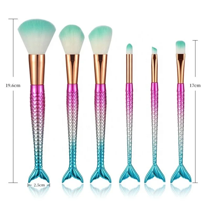 

Wholesale Portable 6 Pcs Mermaid Makeup Brush Set Colorful Gradient Fishtail Handle Eyeshadow Brush With PVC Bag, Pics