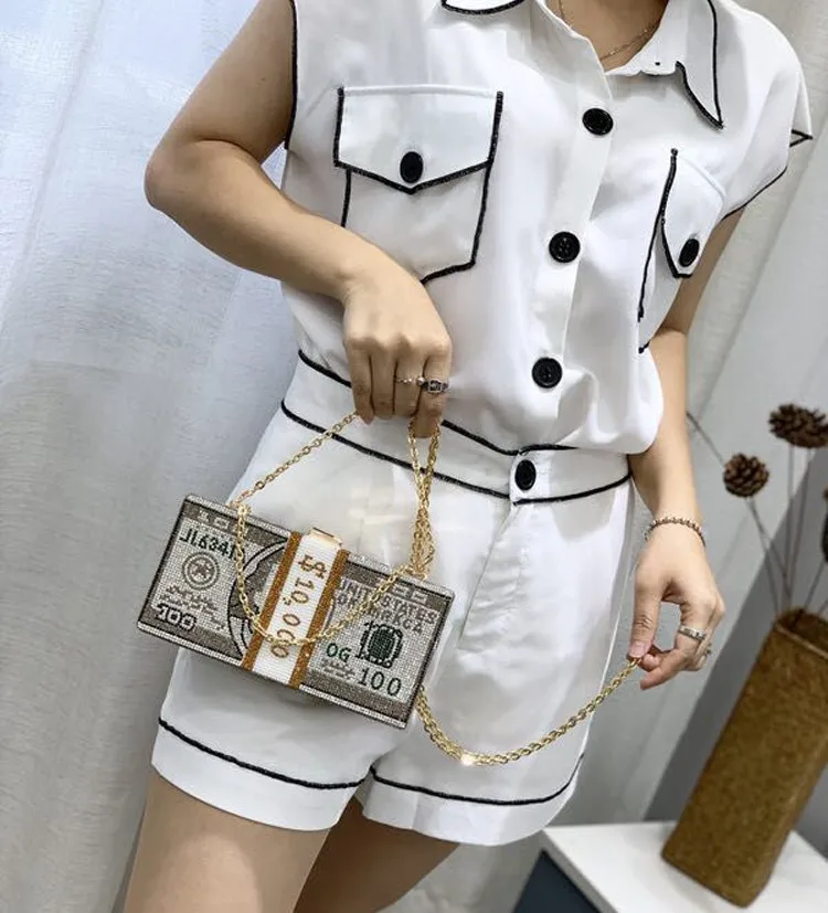 

2020 New Designer USD Clutch Dollar Bling Glitter Gold Chain Luxury Diamond Evening Purse Party Hand Bag Purse Money Bags