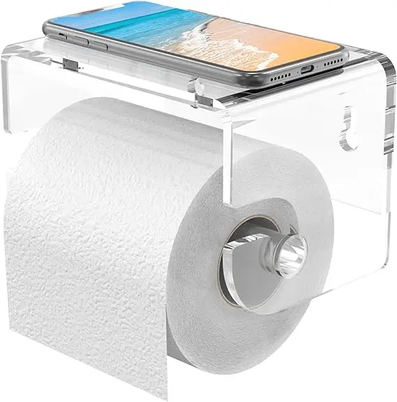 

Acrylic Toilet Paper Roll Holder Wall Mounted with 3M Self Adhesive Toilet Paper Holder with Storage Shelf for Bathroom