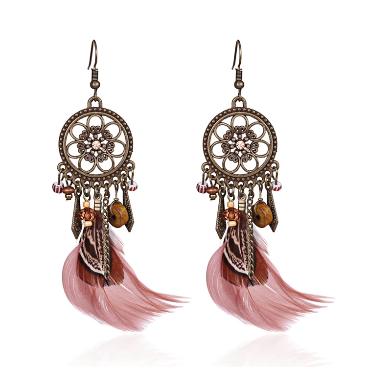 

Boho Stylish Girl Statement Pink Chain Tassel Wood Beads Drop Dream Catcher Women Feather Earrings, 10*5cm