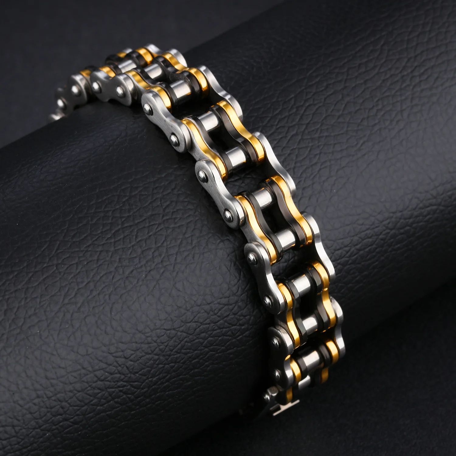 

Black Titanium Bike Chain Bracelets Bangle For Men Motorcycle Link 316L Stainless Steel Tennis Bracelets Men's Wrist Jewelry, Gold/silver