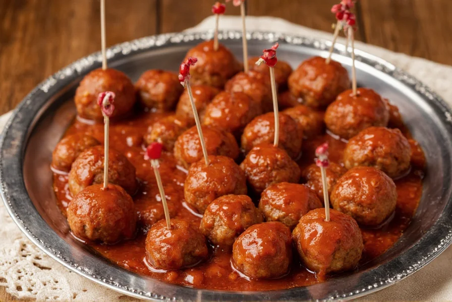 Retro American party platter with meatballs in jelly and chili sauce glaze on a silver tray with toothpicks