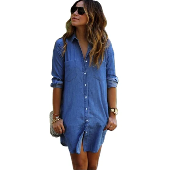 

New Fashion Long Sleeve Long Tops Ladies Women Denim Jeans Casual Dresses Shirt Mid Waist Straight Causal Wear Knee Length Woven