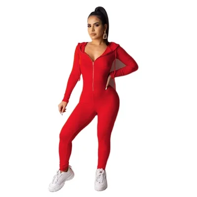 

2021 Fashion Ladies Jumpsuits Rompers Clothing Hoodies Zip Sleeve One Piece Fall Casual Sexy Sportswear Bodycon Women Jumpsuit