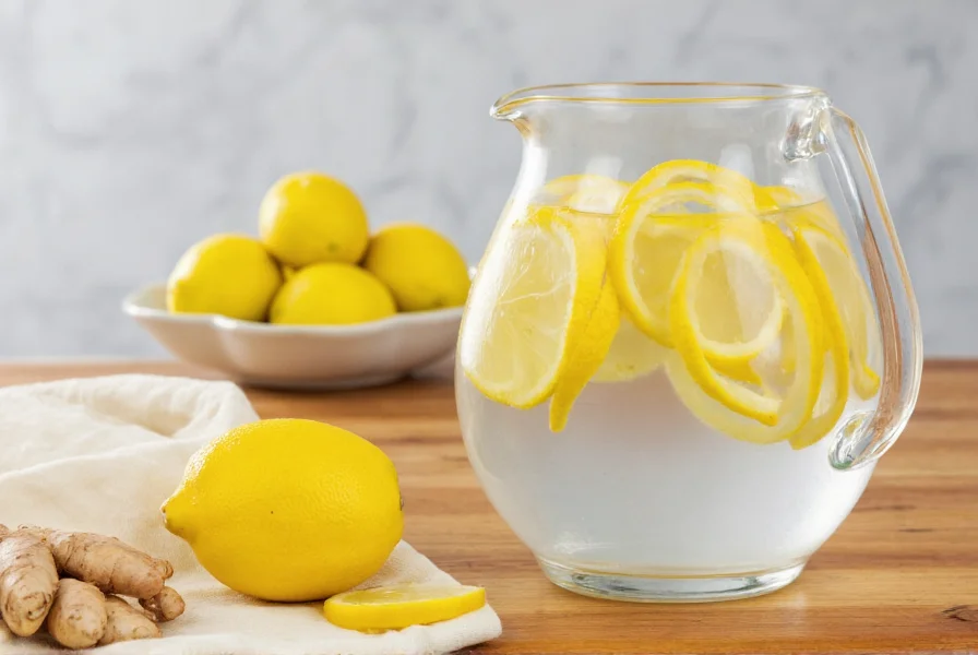 Fresh ginger slices and lemon wedges in clear glass pitcher of water on wooden table