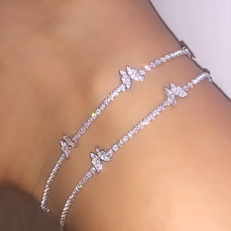 

2021 INS Bracelet De Cheville Luxury Diamond Tennis Chain Anklet Body Jewelry Rhinestone Butterfly Charms Ankle Bracelet Anklets, As pics show
